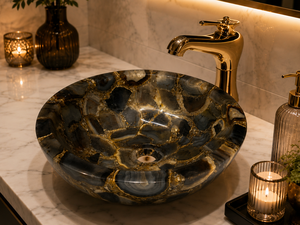Lavabo de Piedra de Ágata, Lavabo de Baño de Lujo Hecho a Mano, Lavabo de Encimera de Piedra Preciosa Negra, Decoración de Spa - Product Image 2