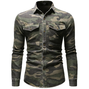 Camisa de mezclilla casual de camuflaje para hombre, manga larga, para uso exterior, con solapa y botones, estilo urbano, blusa verde de algodón - Product Image 2