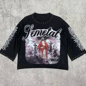 เสื้อยืดดีไซน์เนอร์สไตล์วินเทจสตรีทแวร์ พิมพ์ลายกราฟิก ผ้าฝ้าย 100% เสื้อยืดแขนยาวประดับเพชรเทียม - Product Image 1