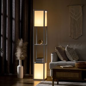 Lampada da Terra LED Contemporanea a 2 Luci con Paralume in Tessuto Nero 10.25x10.25x61.5 per Soggiorno e Camera da Letto, Lampada da Terra con Ripiano Bianco - Product Image 2