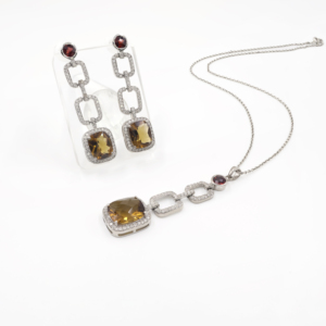 925 Sterling Silver Natural Beer Quartz <b>Garnet</b> Pendant <b>Earring</b> Set Rhodium Plated OEM ODM Fine Jewelry - Product Image 4