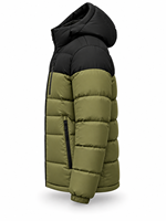 Veste matelassée à capuche pour homme, vert olive, imperméable, coupe-vent, hiver, décontractée, fermeture éclair sur le devant, logo, rembourrage en polyester, longueur normale