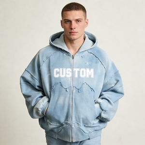 Sweat-shirts à capuche surdimensionnés pour hommes, style streetwear décontracté, bleu clair tie-dye, effet usé et déchiré, fermeture éclair intégrale, impression personnalisée, vente en gros usine - Product Image 3
