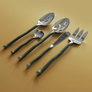 Latest 5-Piece Forged Stainless Steel Serving Set Industrial Style Dark Handle Slotted Spoon Fork Spreader & Ladle <b>Kit</b> New serve - Product Image 1
