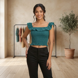 Women's Teal Solid <b>Ruffle</b> <b>Off</b>-<b>Shoulder</b> Sleeveless Blouse Square Neck Rayon Elastic Casual Eco-friendly Woven Crop <b>Top</b> Summer - Product Image 3