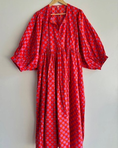 Lightweight <b>Boho</b> Floral Block Print <b>Dress</b> Casual <b>Summer</b> Sundress Balloon Sleeves Pure Cotton Maxi Outfit Women - Product Image 4