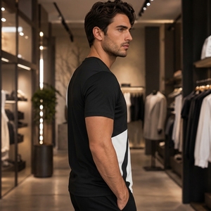 New 2026 Model Men's Black <b>White</b> Geometric Print Short Sleeve T-Shirt Slim Fit Breathable Jersey O-Neck Sporty Style - Product Image 5