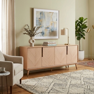 Buffet scandinave en chêne clair avec incrustations Chevron, meuble TV 4 portes, console multimédia, meuble d'entrée, salon - Product Image 3