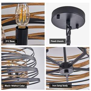 Lustre suspendu rustique industriel à 5 lumières de 20 pouces, cage en métal noir noyer, accents en bois pour îlot de cuisine, salle à manger (sans ampoules) - Product Image 6