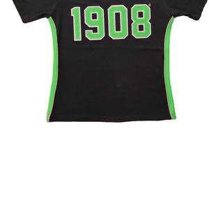 T-shirt ALPHA PHI ALPHA style USA 1908, col rond grec avec logo brodé en chenille personnalisé, noir et vert - Product Image 5