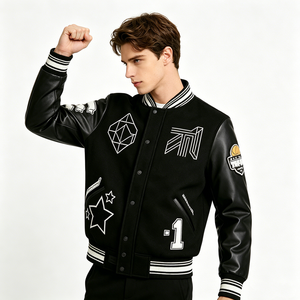 Blouson Bomber Oversize Homme Personnalisé en Mélange de Laine avec Broderies, Bordures Côtelées Rayées et Manches en Similicuir – Style Streetwear - Product Image 5