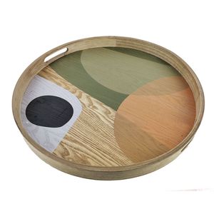 Ensemble de plateaux de service ronds en bois émaillé faits à la main, en bois de manguier avec motifs abstraits - Plateaux gigognes écologiques pour table basse - Product Image 2