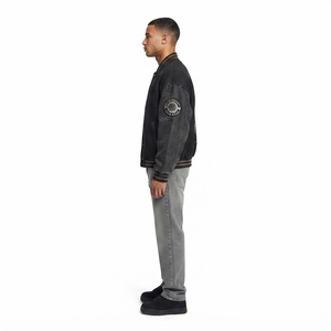 Men's Heavyweight Varsity <b>Jacket</b>-Oversized Loose Fit Stand Washed Finish Vintage Bomber Coated <b>Denim</b> High-End Graphic Streetwear - Product Image 3