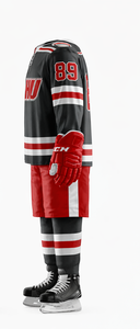 Conjunto de Uniforme de Hockey sobre Hielo SHU, Jersey Sublimado Negro y Rojo para Adultos, Absorbe la Humedad, Corte Regular, Manga Larga, Cuello en V - Product Image 5