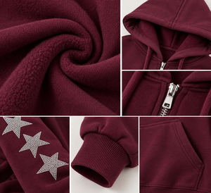 Sweat à capuche zippé surdimensionné en polaire pour femme, avec étoiles en strass et manches personnalisées en cristaux, style streetwear Y2K - Product Image 6