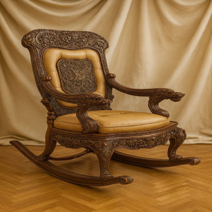 Fauteuil à bascule vintage en bois avec des sculptures florales complexes et un siège robuste, disponible à prix de gros. - Product Image 6