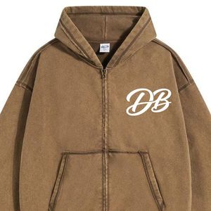 Sweat à capuche marron vintage délavé à l'acide, entièrement zippé, en molleton de coton épais, imprimé personnalisé, coupe oversize, style streetwear - Product Image 2