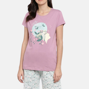 Ensemble d'été pour femmes, haut en coton rose à manches courtes et col rond avec imprimé floral, coupe ample décontractée, vêtements de printemps et d'été - Product Image 4