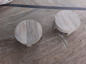 Rustic Wooden Farmhouse <b>Round</b> <b>Stool</b> Whitewash Wooden Chakki Display Stand Beautiful Carved Wooden Central Coffee Table - Product Image 1