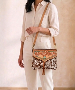 Cowhide Genuine Leather Fashion Shoulder Bag Floral Embossed Cow Pattern Two Straps <b>Large</b> Capacity Crossbody Purse for Women - Product Image 3