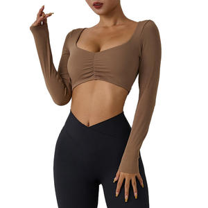<b>Black</b> Long Sleeve <b>Crop</b> <b>Top</b> <b>Women</b> Solid Color Knitted Sporty Fit Quick Dry Stretchy Material O-Neck Design - Product Image 3