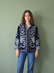 Morvi-Fab #70 <b>Women</b>’s Navy Blue <b>Embroidered</b> <b>Jacket</b>, White Floral Suzani Design, Striped Cuff Detail, Boho Ethnic Outerwear, - Product Image 5