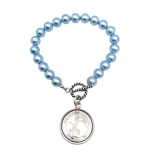 Light Blue Pearl <b>Beaded</b> <b>Bracelet</b> with <b>Silver</b> Round Medallion Charm Toggle Clasp Elegant Women Fashion Jewelry Gift Accessory - Product Image 1