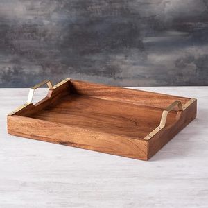 Wooden <b>tray</b> with gold metal handles modern design durable construction perfect for kitchen dining serving <b>snacks</b> drinks - Product Image 4