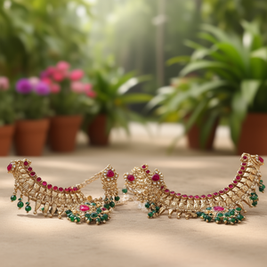 Fashion Jewelry Set Floral Patterned Ruby and Green Kemp Stone Embellished - Product Image 3