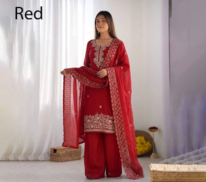 PinkCityBlocks <b>Red</b> Women's Traditional Embroidered <b>Silk</b> Wrinkle Free Midi Length Regular Fit Kurta Palazzo Set Diwali Wedding - Product Image 1