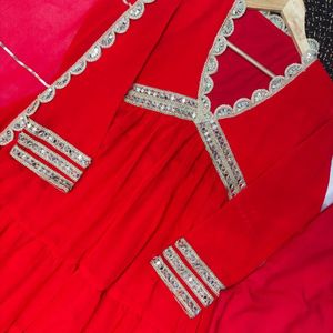 Heavy Georgette Gown Pant Dupatta Set With Real Mirror Lace Full <b>Stitched</b> Party Wear - Product Image 5