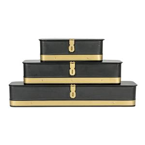 Nested Set of 3 Matte Black Metal Trunk Boxes Decorative Metal <b>Storage</b> <b>Chests</b> with Brass Latch & Rivet Detail - Product Image 1
