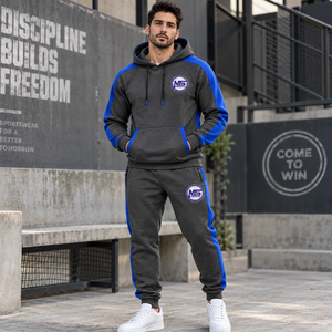 Ensemble de survêtement 2 en 1 pour homme en molleton de coton, streetwear d'hiver, sweat à capuche zippé et pantalon de jogging, logo brodé, pour adultes - Product Image 2