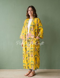 Robe kimono indienne artisanale en coton, imprimé floqué Jaipuri, jaune, longueur ras du sol, coupe ample, peignoir, vêtement de nuit d'été, kaftan - Product Image 4