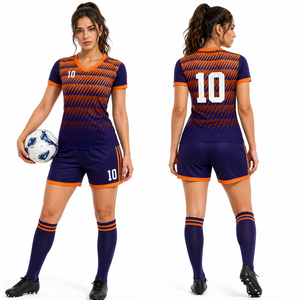 Ensemble short et maillot de football sublimé violet et orange pour femme, col en V, manches courtes, anti-humidité, coupe athlétique, 100 % polyester - Product Image 1