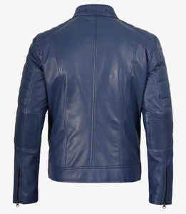 Blouson Moto Homme en Cuir Véritable Bleu, Col Montant, Zippé, Hiver, Style Biker, Personnalisable avec Logo - Product Image 4