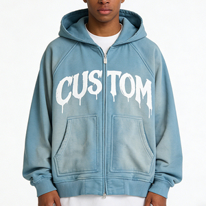 Sudadera con capucha azul raglán con cremallera para hombre, estilo hip hop, con estampado de letras, personalizada, OEM ODM, venta al por mayor 2026 - Product Image 1