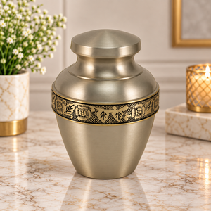 Urne Métallique Élégante avec Motif Floral, Finition Argent Satiné, Vase Commémoratif Décoratif avec Couvercle - Product Image 4