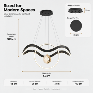 Modern Wave LED Pendant <b>Light</b> Black Metal Acrylic 105W Three Color Temperatures For <b>Dining</b> And Living Room Interiors - Product Image 3