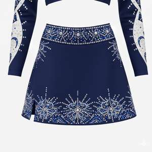 Uniforme de cheerleading pour femmes, jupe trapèze épaisse avec fentes latérales, ornée de strass thermocollés et de perles, personnalisable - Product Image 3