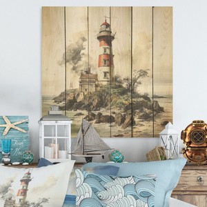 Decoración de Pared con Diseño de Faro de Madera de Pino |   Decoración Náutica de Madera Pintada a Mano para Colgar en la Pared, Venta al Por Mayor - Product Image 1