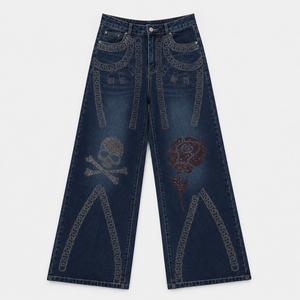 Jean en denim de coton taille haute à jambe large pour femme, orné de strass, crânes et roses, style vintage délavé, pantalon streetwear décontracté - Product Image 5