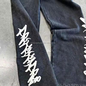 Personalizado de los hombres Zip Hoodie Jogger Set Vintage Washed recortado pantalones de chándal desgastado apilado pantalones de chándal de impresión de pantalla sudaderas con capucha de sudor - Product Image 5
