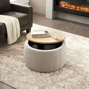 Pouf Contenitore Rotondo Grigio 2 in 1 65x65x37 cm - Tavolino Funzionale e Pouf - Product Image 4