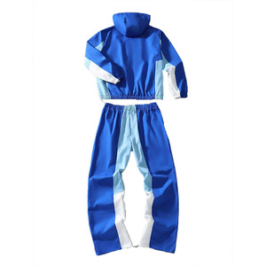 Survêtement unisexe bleu uni à blocs de couleur, à capuche, manches longues, pantalon décontracté sportif avec cordon de serrage, respirant, 100 % coton épais - Product Image 2