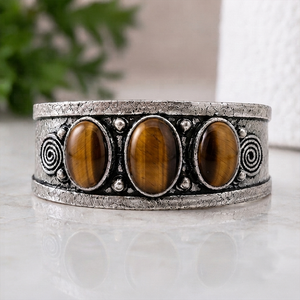 Earthbound Tiger Eye Trio Gem Wide <b>Cuff</b> Bezel Setting Handcrafted <b>Silver</b>/Gold Plated Brass Vintage Gift Jewelry - Product Image 4
