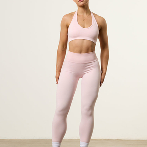 Leggings de yoga sans couture roses pour femmes, taille haute, longueur intégrale, côtelés, ensemble de vêtements de sport, soutien-gorge de sport, vêtements d'entraînement - Product Image 4