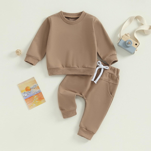 Ensemble survêtement hiver en molleton de coton pour bébés et enfants : sweat-shirt à col rond et poignets déchirés avec pantalon – Grande demande - Product Image 2