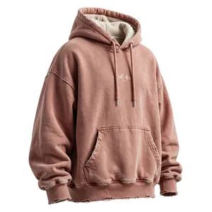 Oversized <b>Pink</b> Hooded <b>Sweatshirt</b> French Terry Cotton Fleece Casual Pullover Chain Embroidery Front Pocket Unisex Autumn Wear - Product Image 3
