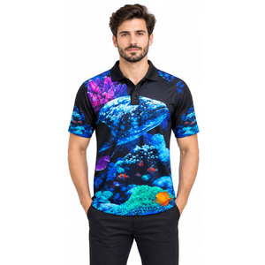 เสื้อโปโลผู้ชายสีดำแห้งเร็วพิมพ์ลายปลา UPF 50 สำหรับใส่ตกปลากลางแจ้ง - Product Image 4